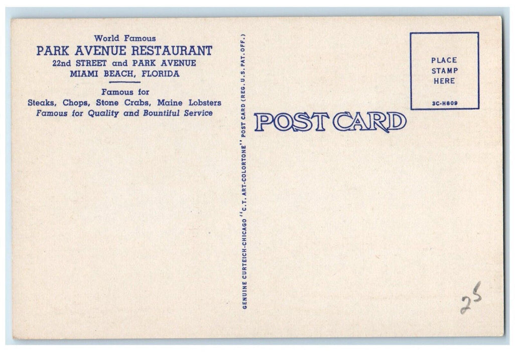 c1940 World Famous Park Avenue Restaurant Street Park Miami Florida FL Postcard