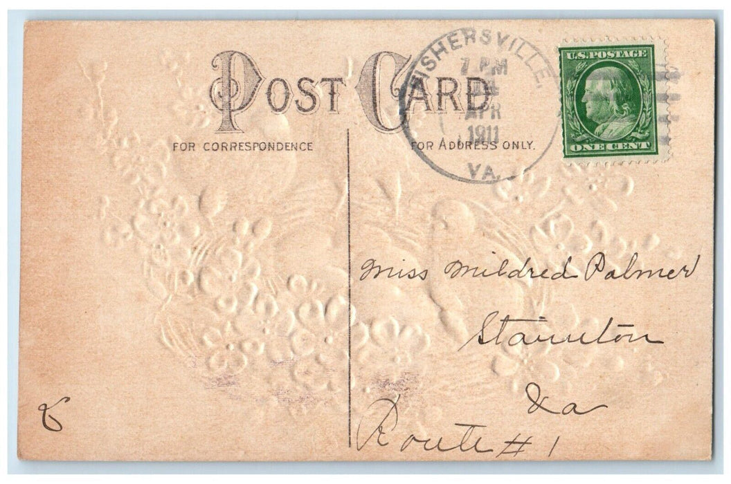 1911 Easter Chicks Egg Nest Pansies Flowers Embossed Fishersville VA Postcard