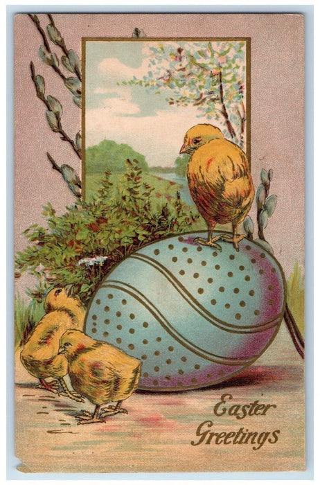 1908 Easter Greetings Egg Chicks Akron Ohio OH Embossed Antique Postcard