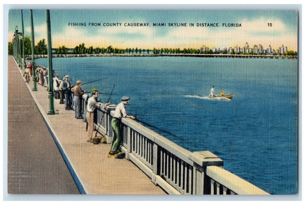 c1940 Fishing County Causeway Boat Rod Miami Skyline Distance Florida Postcard