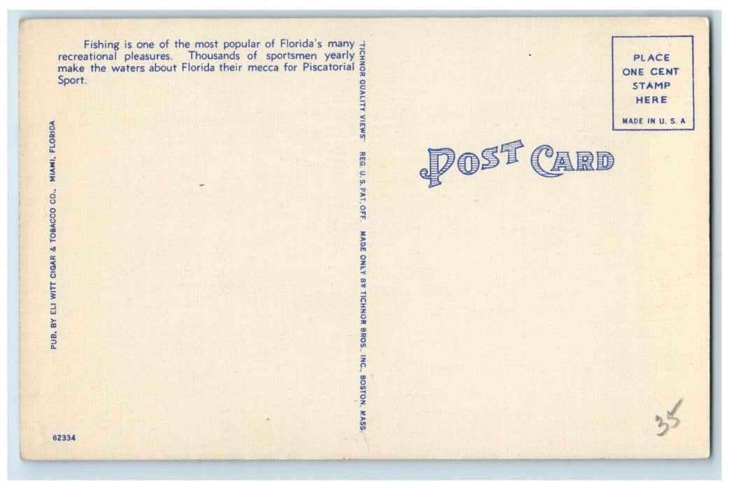 c1940 Fishing County Causeway Boat Rod Miami Skyline Distance Florida Postcard