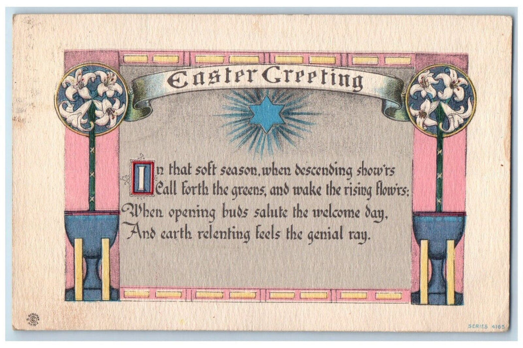 1914 Easter Greetings Arts Craft Lily Flowers Edinburg VA Antique Postcard