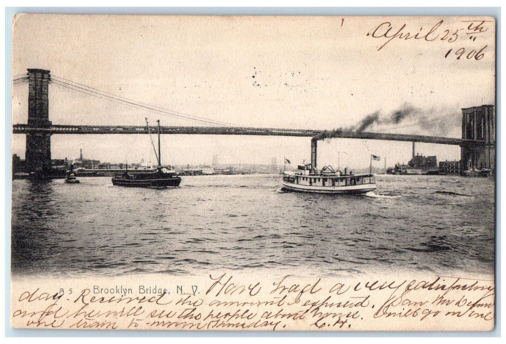 1906 Steamboat Brooklyn Bridge Brooklyn New York NY Antique Posted Postcard