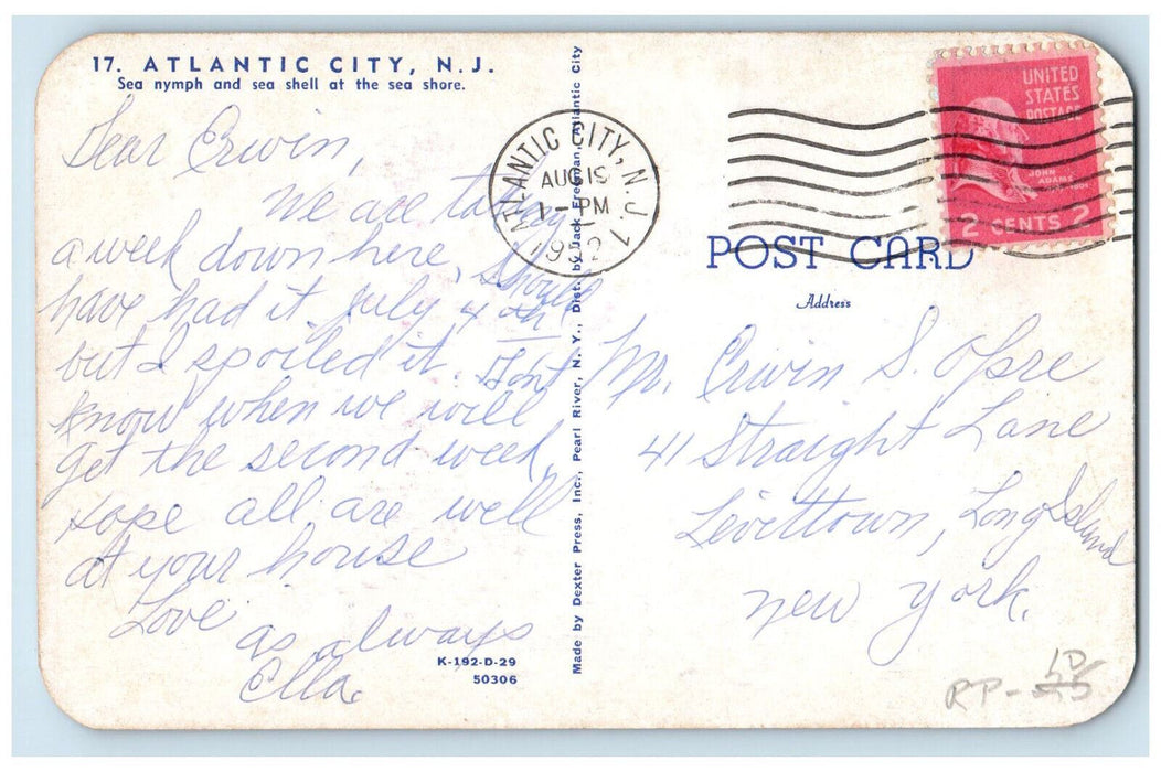 1952 Sea Nymph and Sea Shell Atlantic City New Jersey NJ Posted Postcard