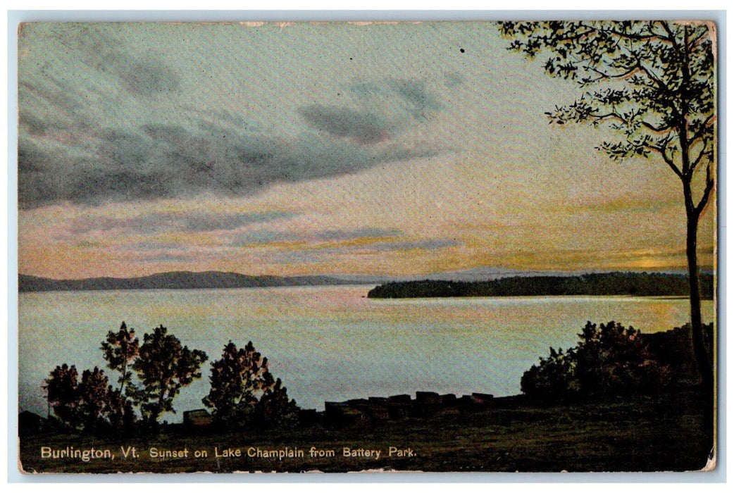 1911 Sunset on Lake Champlain from Battery Park Burlington Vermont VT Postcard