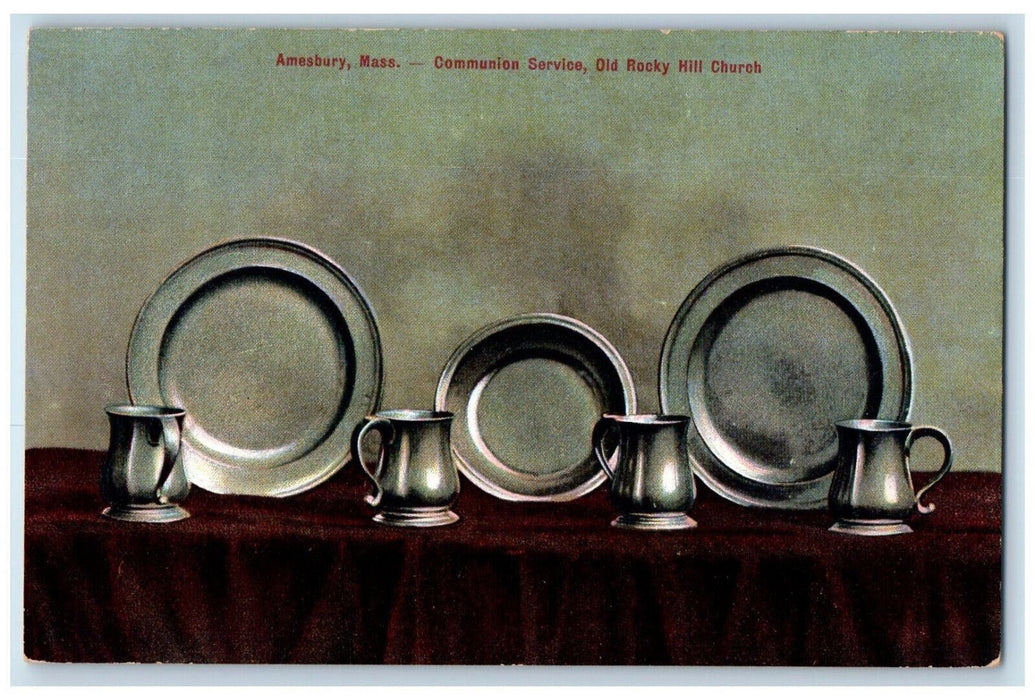 c1910 Communion Service Plate Cup Old Rocky Hill Church Amesbury MA Postcard