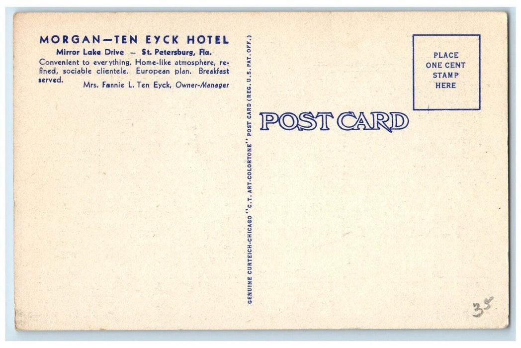 c1940 Morgan Ten Eyck Hotel Mirror Lake Drive St Petersburg Florida FL Postcard
