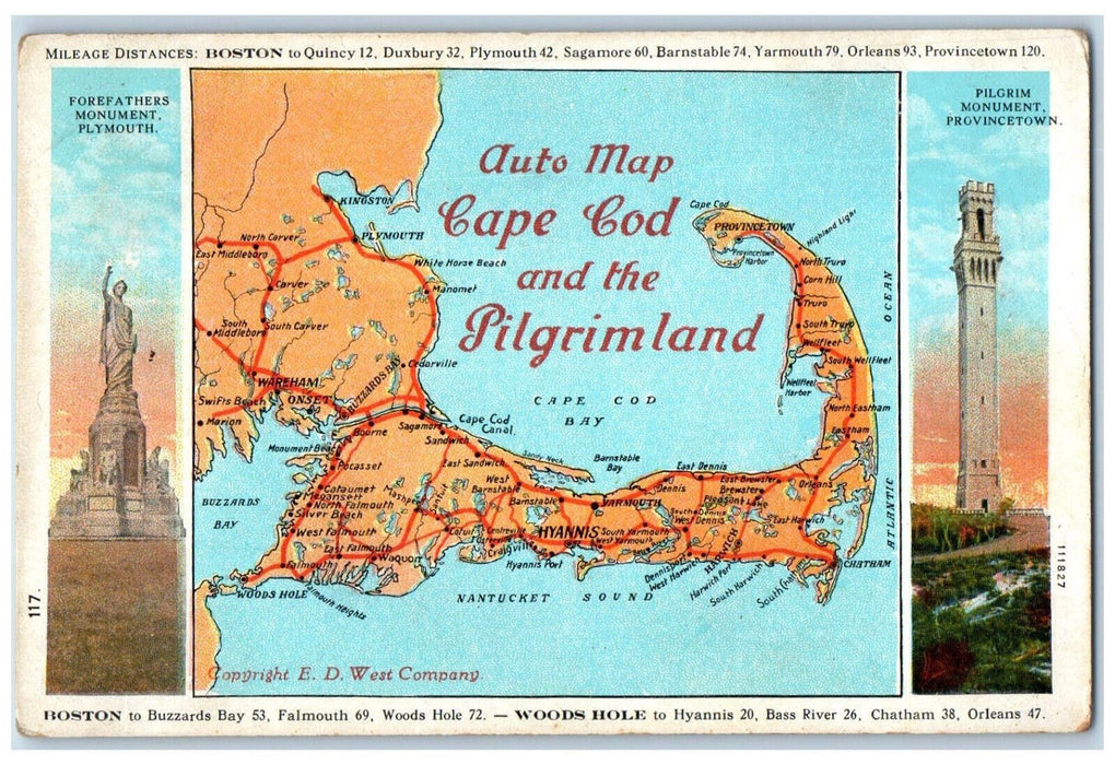 c1940's Auto Map Cape Cod Pilgrimland Massachusetts MA Vintage Postcard