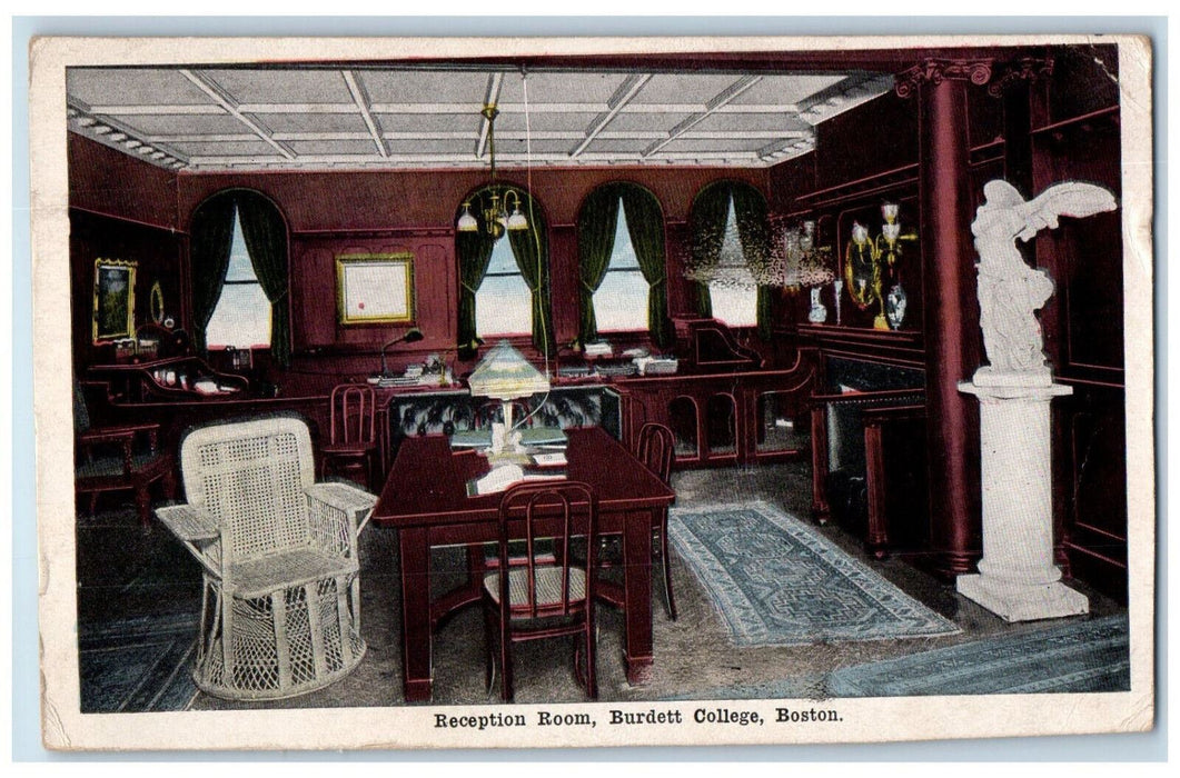 1917 Angel Statue Reception Room Burdett College Massachusetts MA Postcard
