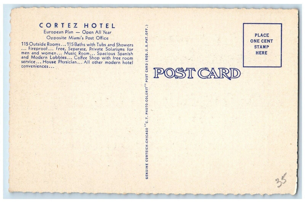 c1940 Cortez Hotel European Plan Post Office Exterior Miami Florida FL Postcard