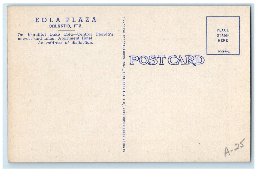 c1940 Eola Plaza Exterior Lake Central Apartment Hotel Orlando Florida Postcard