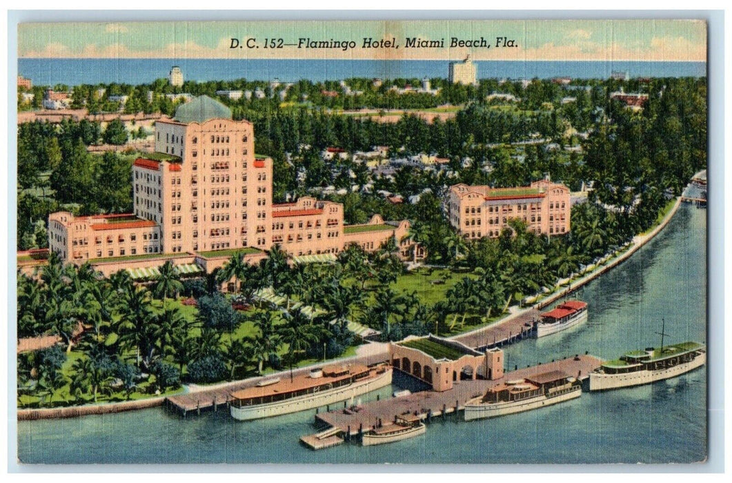 c1940 Aerial View Flamingo Hotel Miami Beach Steamer Pier Ship Florida Postcard