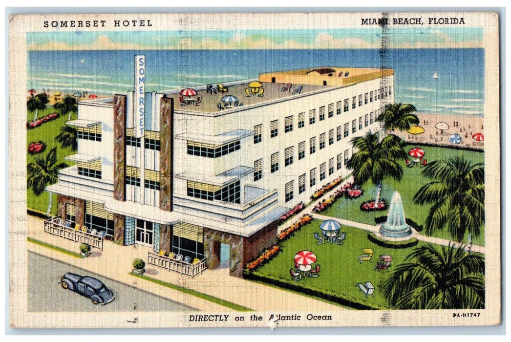 c1940 Somerset Hotel Beach Directly Atlantic Ocean Miami Beach Florida Postcard