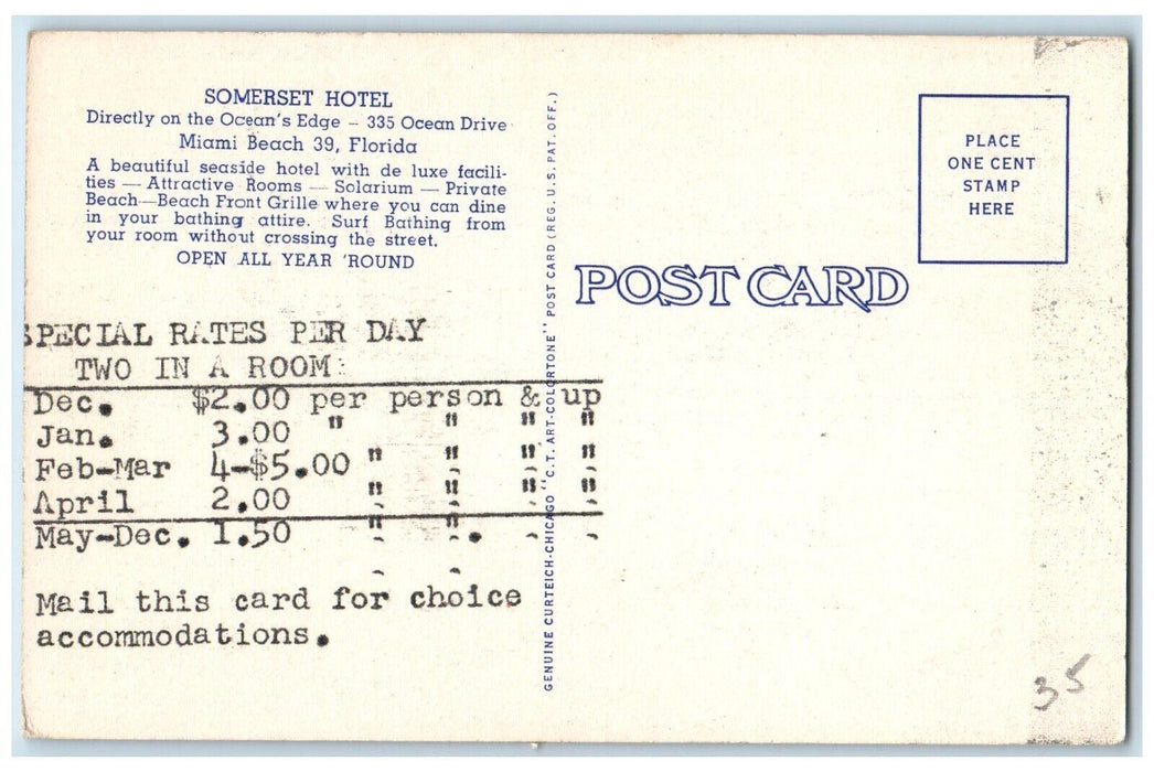 c1940 Somerset Hotel Beach Directly Atlantic Ocean Miami Beach Florida Postcard