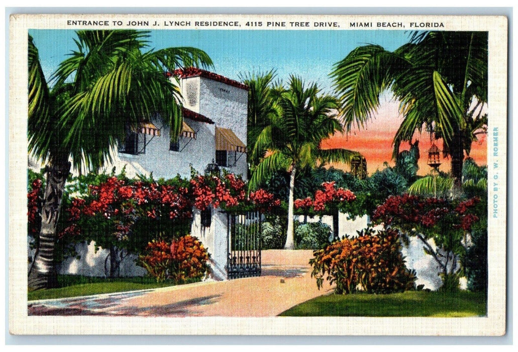 c1940 Entrance John Lynch Residence Pine Tree Drive Miami Beach Florida Postcard