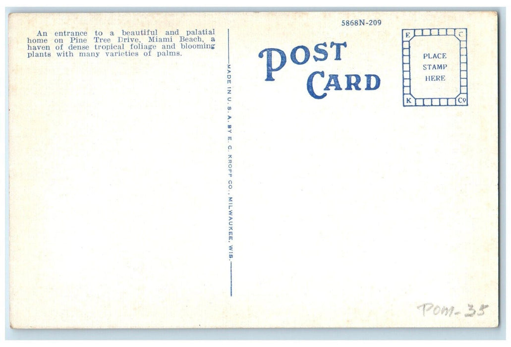 c1940 Entrance John Lynch Residence Pine Tree Drive Miami Beach Florida Postcard