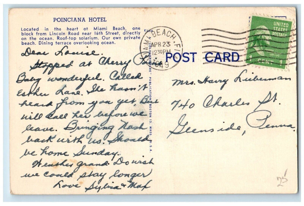 1949 Poinciana Hotel Exterior Sand  Miami Beach Private Beach Florida Postcard
