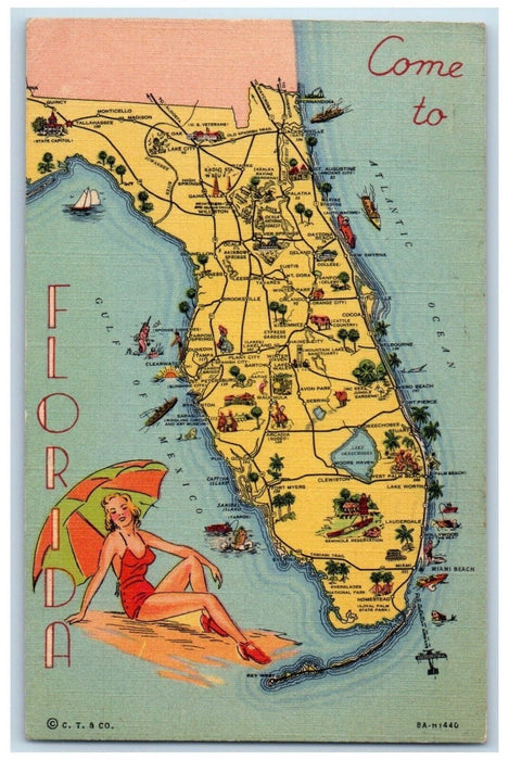 1948 Come To Florida Map Swimsuit Beach Atlantic Ocean Vintage Antique Postcard