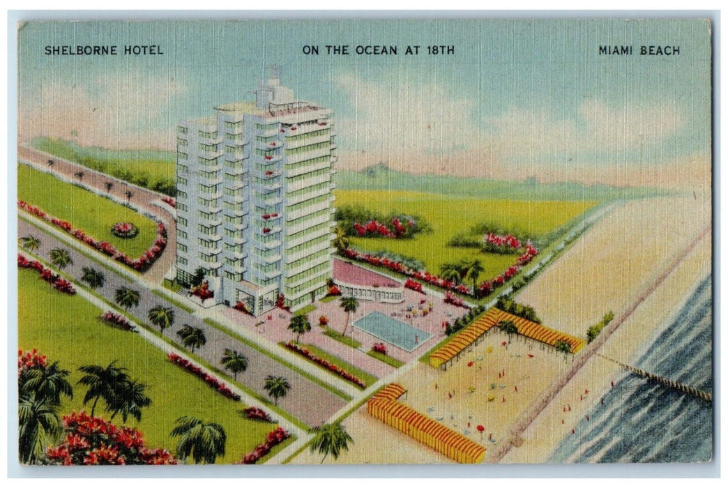 1947 Aerial View Shelborne Hotel Exterior Ocean Miami Beach Florida FL Postcard