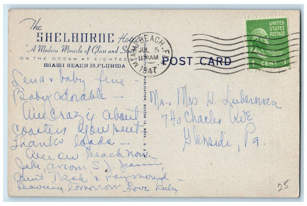 1947 Aerial View Shelborne Hotel Exterior Ocean Miami Beach Florida FL Postcard