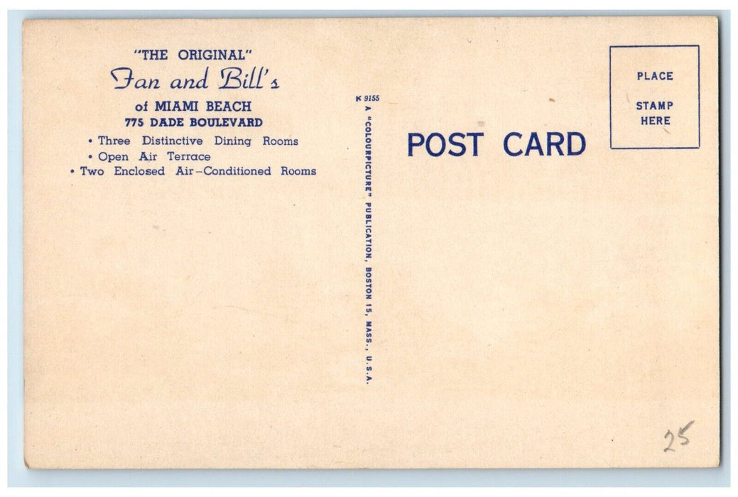 c1940 The Original Fan Bills Miami Beach Dade Boulevard Terrace Florida Postcard