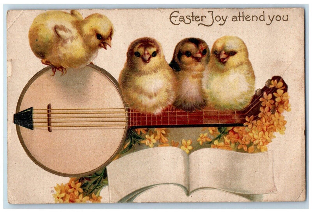 1908 Easter Joy Chicks Playing Banjo Pansies Flowers Clapsaddle Antique Postcard