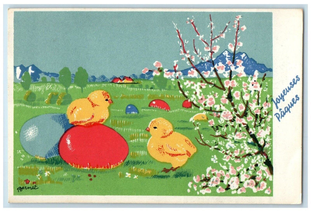 1954 Easter Eggs And Chicks Pink Flowers Bernet Posted Vintage Postcard