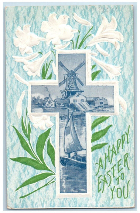 1911 Easter Cross Windmill And Boat White Lily Flowers Embossed Antique Postcard
