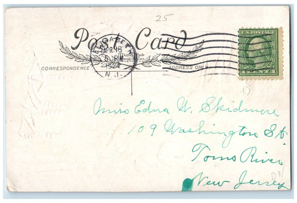 1924 Easter Big Chicks And Purple Flowers Embossed Elizabeth NJ Vintage Postcard