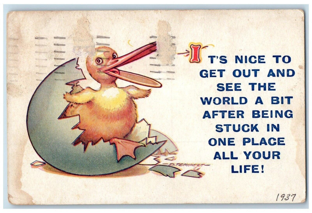 1937 Easter Hatched Egg Chick Comic Nichita Kansas KS Posted Vintage Postcard