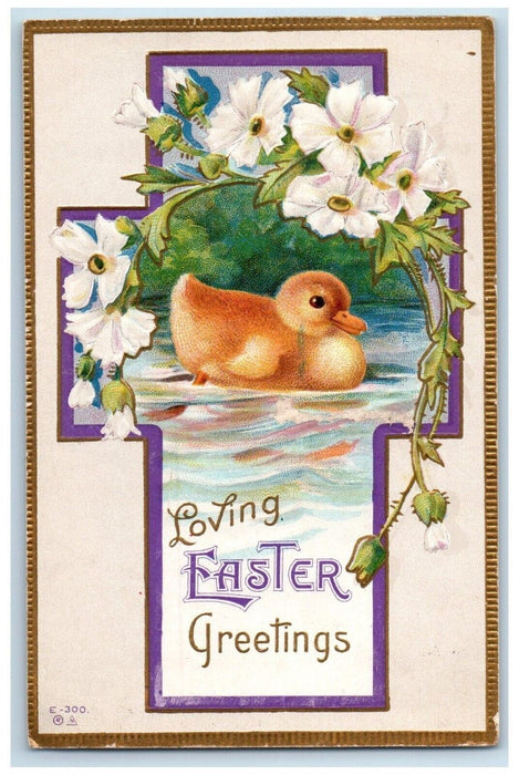 1914 Easter Greetings Cross Swim Chick White Flowers Embossed Antique Postcard