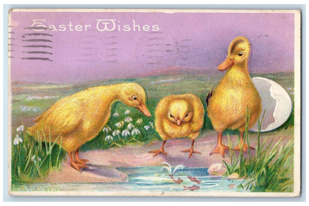 1924 Easter Wishes Three Chicks Scene Fishes Hatched Egg Perth Amboy NJ Postcard
