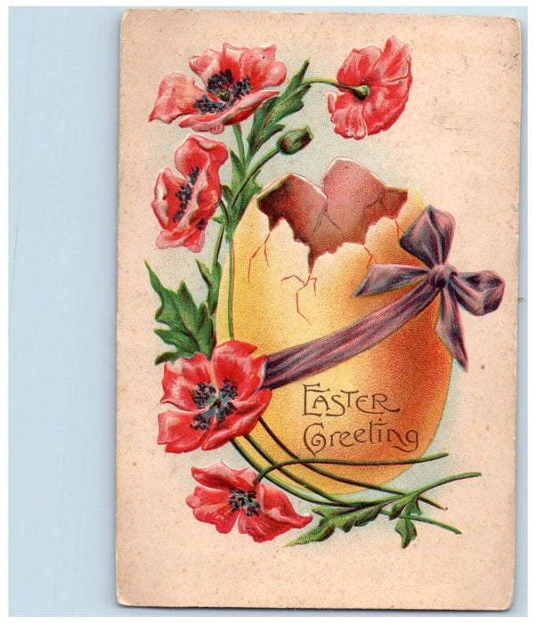 1907 Easter Greetings Hatched Egg Flowers Ribbon Embossed Antique Postcard
