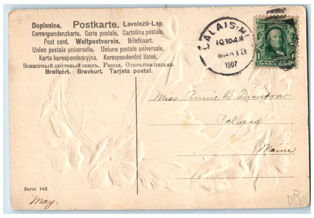 1907 Easter Greetings Hatched Egg Flowers Ribbon Embossed Antique Postcard