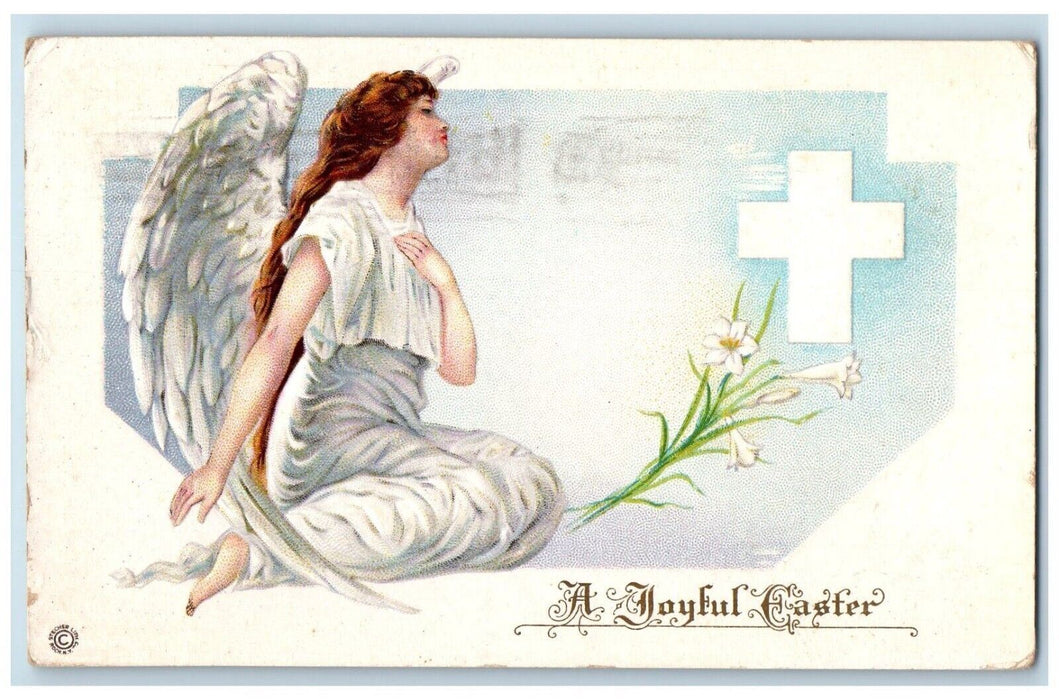 1911 Easter Holly Cross Angel White Lily Flowers Embossed Antique Postcard