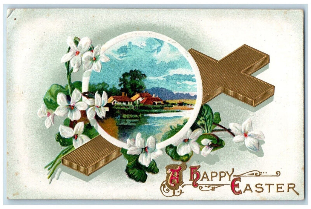 c1910's Easter Gold Cross House River White Flowers Embossed Antique Postcard