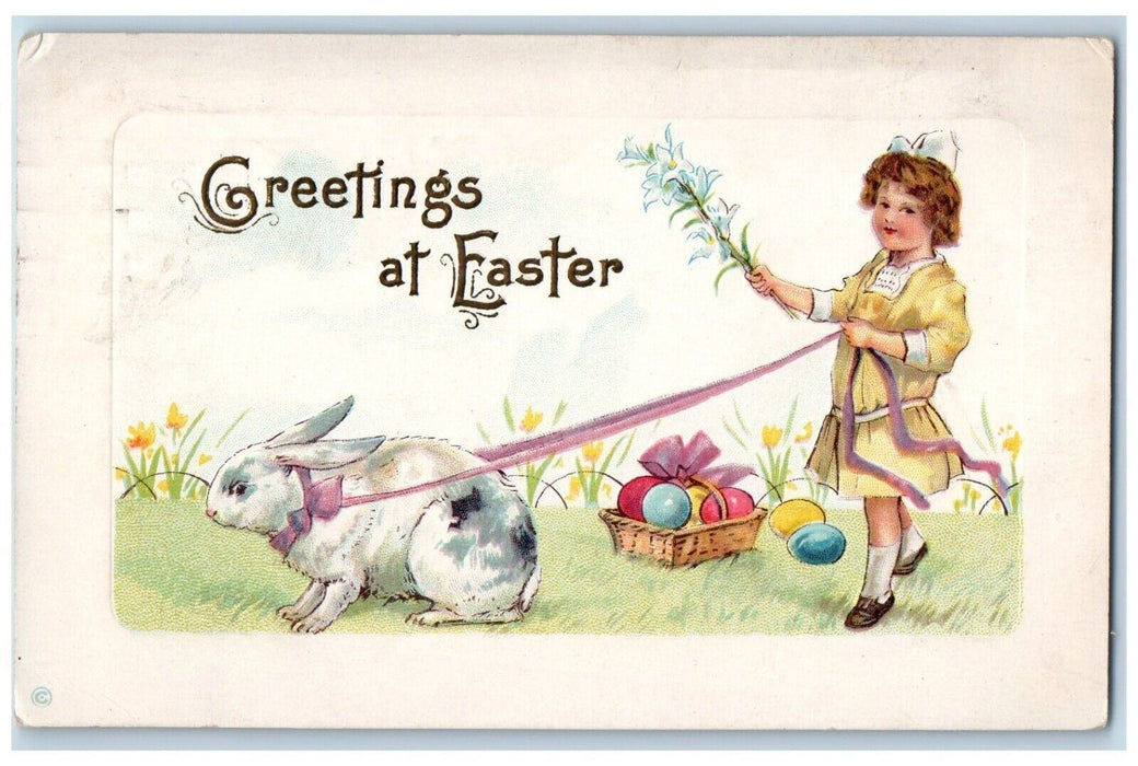 1914 Easter Greetings Bunny Rabbit Girl Lily Flowers Basket Eggs Posted Postcard