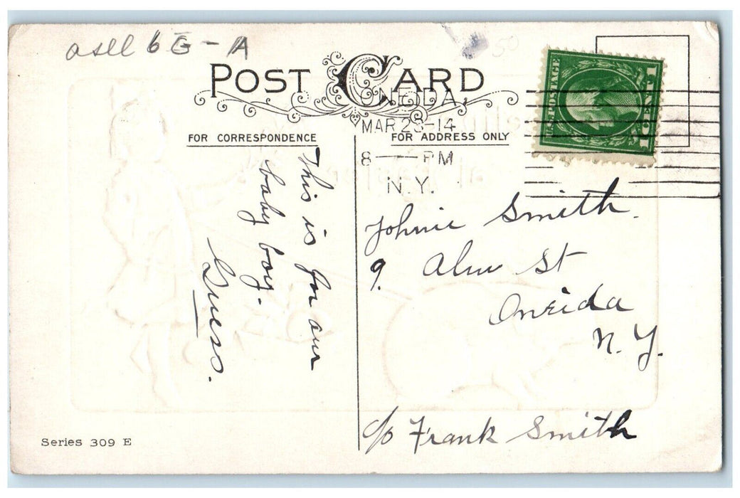 1914 Easter Greetings Bunny Rabbit Girl Lily Flowers Basket Eggs Posted Postcard