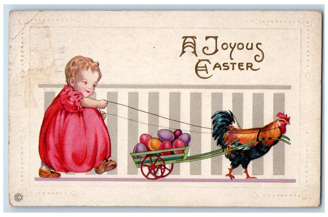 1917 Easter Girl Rooster Hen Pulling Little Wagon With Eggs Embossed Postcard