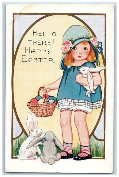 c1910's Easter Girl Bunny Rabbit Basket Egg Embossed Unposted Antique Postcard
