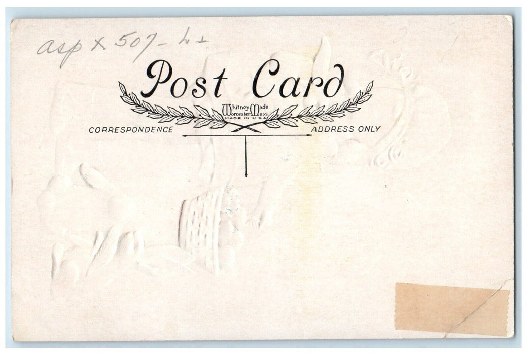 c1910's Easter Girl Bunny Rabbit Basket Egg Embossed Unposted Antique Postcard