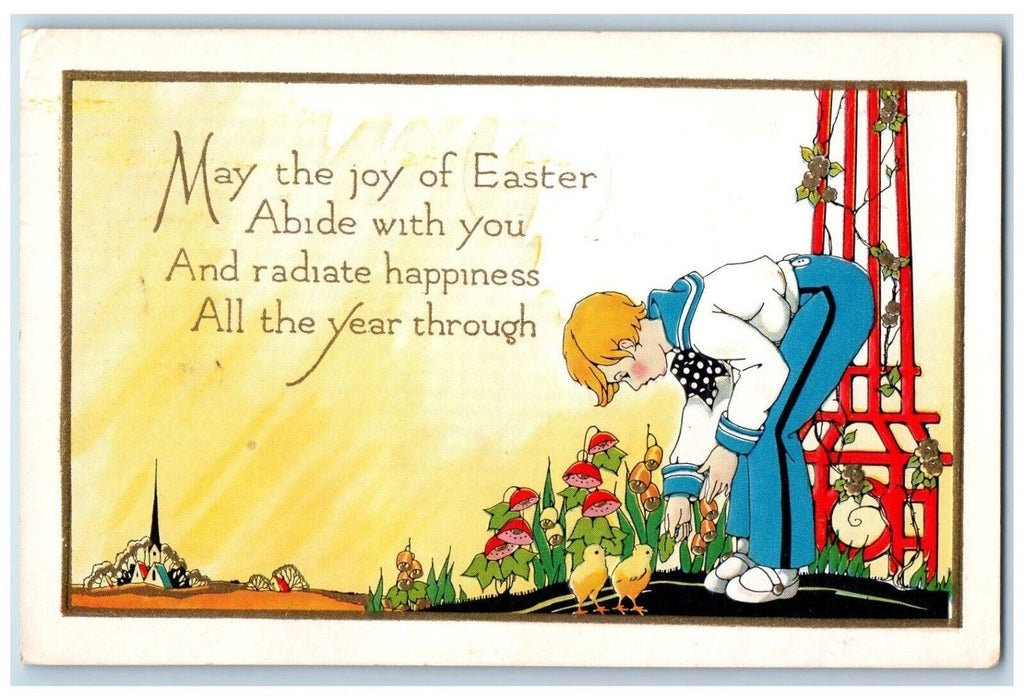 1941 Easter Message Boy Chicks Flowers Church Embossed Posted Vintage Postcard