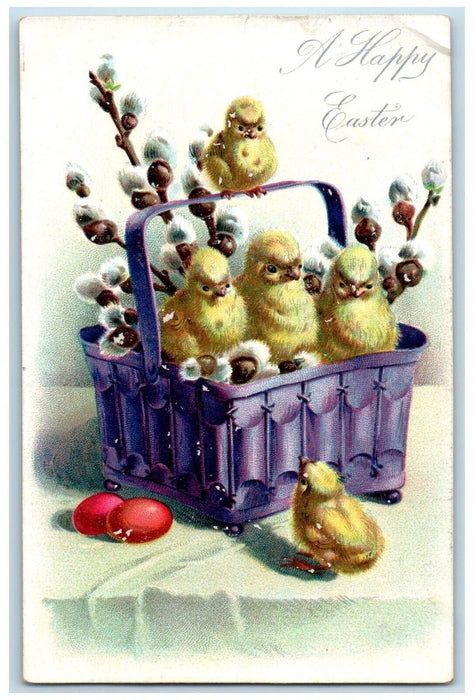 1908 Easter Chicks In Basket Eggs Tuck's Embossed Posted Antique Postcard