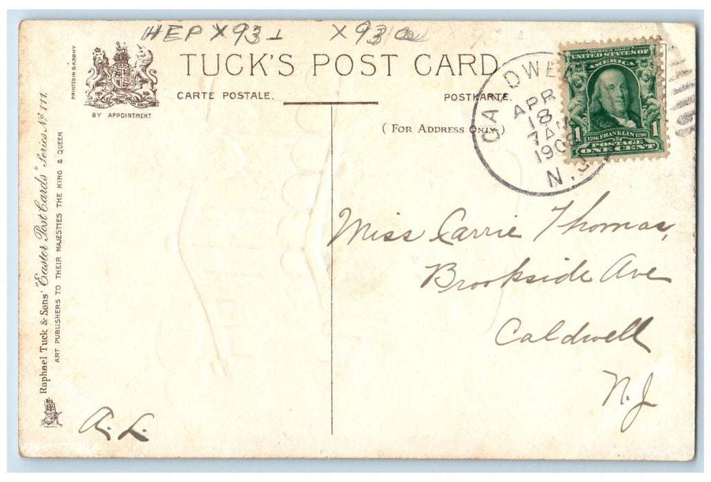 1908 Easter Chicks In Basket Eggs Tuck's Embossed Posted Antique Postcard