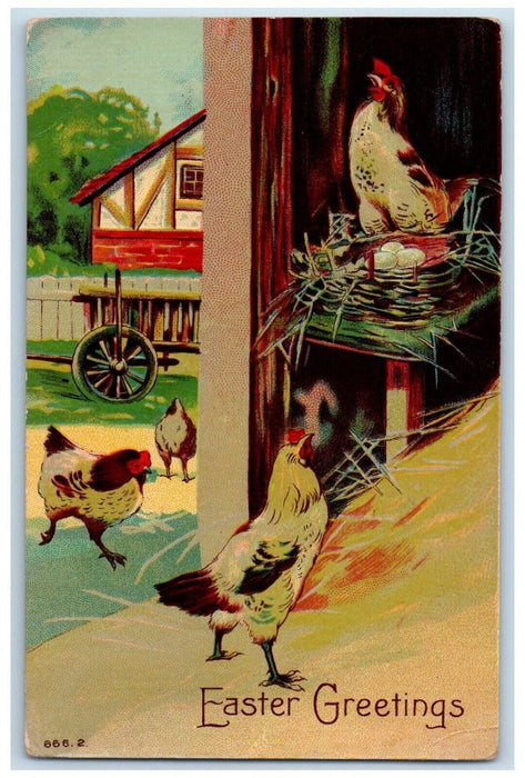 c1910's Easter Greetings Chicken Hen Egg Nest Wagon Posted Antique Postcard