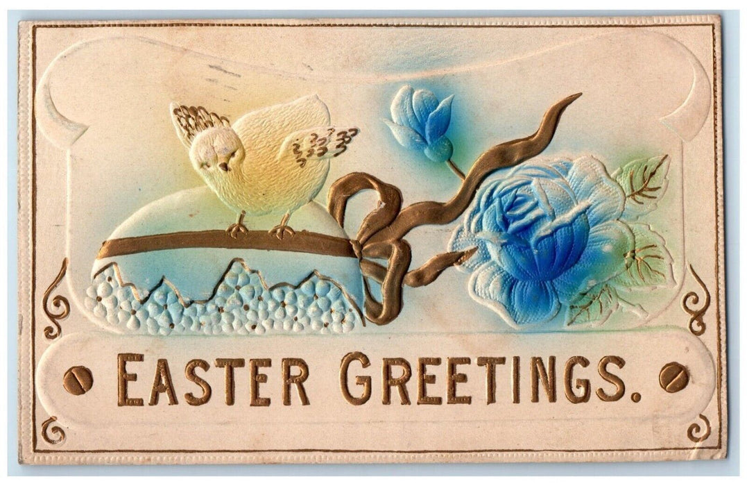 1911 Easter Greetings Egg Chick And Flowers Airbrushed Coldwater MI Postcard