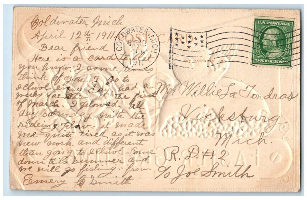 1911 Easter Greetings Egg Chick And Flowers Airbrushed Coldwater MI Postcard