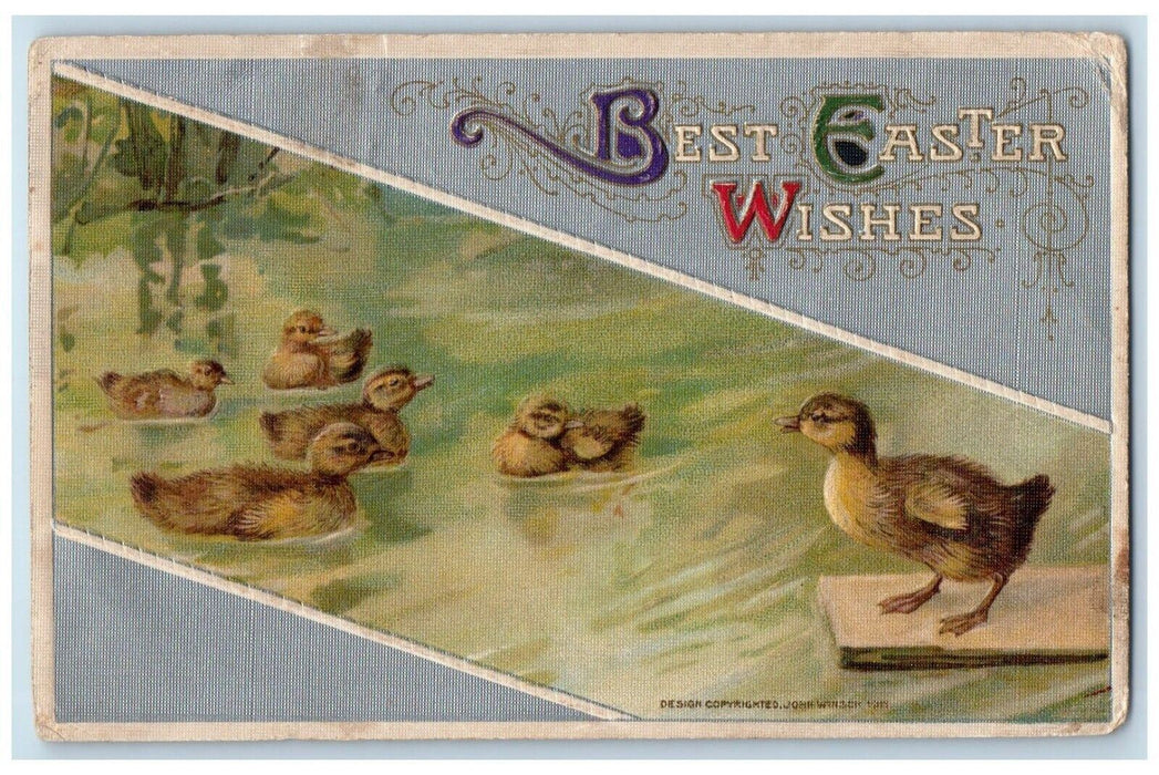 c1910's Easter Wishes Swim Chicks John Winsch Artist Signed Embossed Postcard