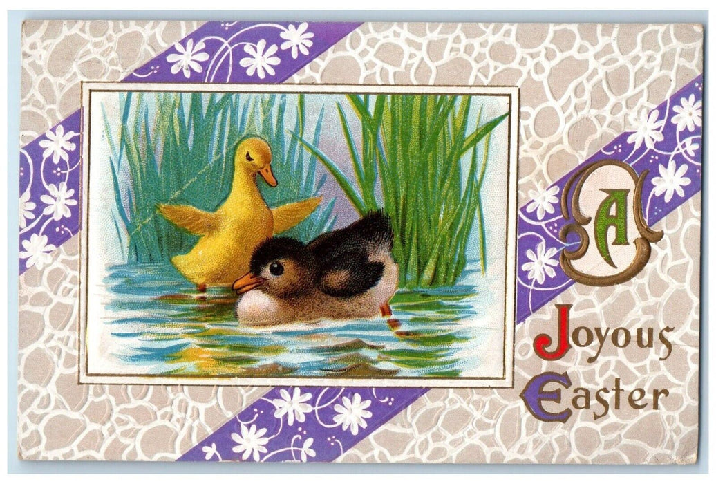 1913 Joyous Easter River Swim Chicks Flowers Embossed Posted Antique Postcard