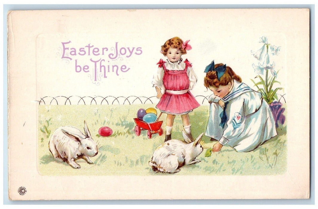c1910's Easter Girls And Bunny Rabbit Wagon Eggs Embossed Antique Postcard